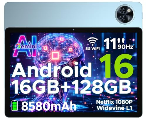 POPUX U11 Android 16 Tablet 11 Pollici Gemini AI 16GB RAM +128GB ROM (2TB TF) 8580mAh Gaming Tablet Unisoc T7200 Octa-Core 13MP+5MP Tablets PC WIFI 5/ GMS/ WidevineL1/ 3.5mm Audio/GPS/Face ID/OTG,Blu