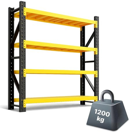 ANFIL® Scaffalatura per carichi pesanti, portata totale 1200 kg, 300 kg per ripiano, scaffale in metallo stabile, 4 ripiani, scaffale per garage, cantina, magazzino, scaffale a incastro, profondità 60