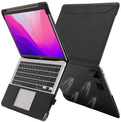 TYTX Hülle Kompatibel mit MacBook Air 13 Zoll (2018-2020 Version) A2337(M1)/A2179/A1932, Leder Laptop-Hülle Schutzhülle Case Cover mit Heat-Vent und Stand Funktion, Schwarz