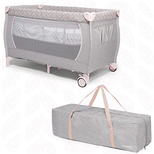 skiddoü Reisebett, Lunar zusammenklappbares Babybett, leichte Konstruktion, kompaktes Kinderbett, verstellbare Höhen Reisekinderbett Babyreisebett bequemes Reisebabybett einfache Aufbaung, rosa