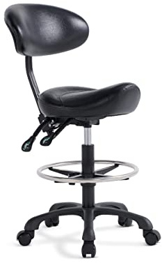 Lilfurni Swivel Rolling Stool Round Chair,Thick Sturdy Padding,Adjustable Stool with Wheels for Doctor,Medical,Massage Salon,Office,Shop(with New Back, Black)