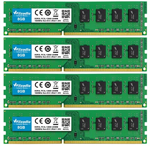 Wlizedle DDR3/DDR3L Mémoire RAM 32Go Kit (4x8Go) 1600MHz CL11 UDIMM Module de Mémoire PC3-12800/PC3L-12800 240-Pin 1,35V/1,5V pour Ordinateur de Bureau, Vert