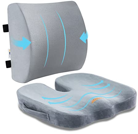 SAIREIDER Lumbar Support Pillow and Office Chair Cushion, Memory Foam Car Seat Cushions Back Support Pillows, Reduce Pressure On Tailbone and Sciatic Nerve, Relieve Pain of Back and Lumbar(Grey)
