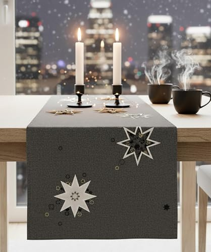 KAMACA Tischläufer 40x140 cm eckig mit filigraner Stickerei Küche Esstisch Tisch Dekoration Eyecatcher in Herbst Winter Weihnachten (Sterne grau)