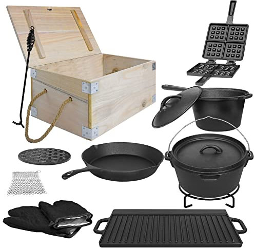 LZQ Set di 12 pentole olandesi in scatola di legno, per barbecue, con accessori per barbecue, con pentola in ghisa da 3,6 l, piastra per barbecue, padella