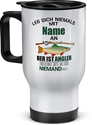 Tassendruck Edelstahl-Thermobecher selbst gestalten mit Name - Leg dich nicht mit einem Angler an - Coffee to Go Becher, Reisebecher, Geschenke für Angler | Personalisiertes Geschenk, Weiß, 390 ml