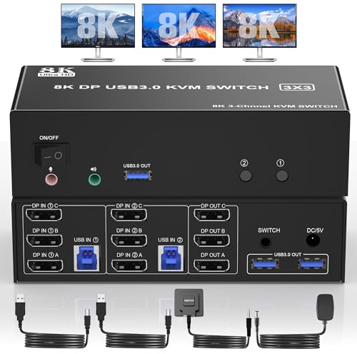 Clickfish 8K DisplayPort KVM Switch USB 3.0 Triple Monitor for 2 Computers, Black, Manual Operation, Push Button Actuation