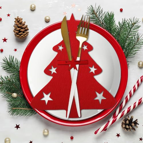 Portaposate in Feltro di Natale, Tasca per le Posate Albero di Natale Decorazione da Tavola, Rosso Coltelli Forchette Cucchiai Stoviglie Portaposate per Tavola Delle Feste Decor Natalizio