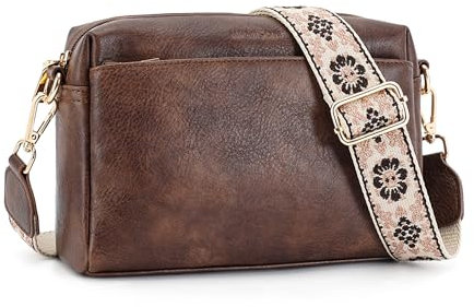 APHISON Umhängetasche Damen Klein Kaffee Crossbody Bag mit Breitem Gurt Boho Schultertasche PU Leder Handtasche Tasche mit Abnehmbarem Schultergurt Kartenschlitz Reisetasche
