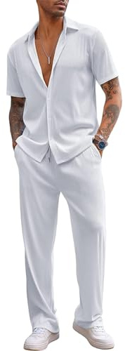 aromm Hombre 2 Piezas Trajes Casuales Manga Corta Camisa Abotonada & Drawstring Pantalón Suave Verano Traje Blanco, XS