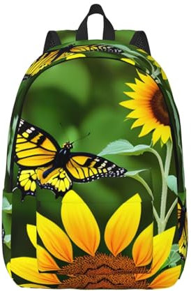 BREAUX Rucksack mit Sonnenblumen- und Schmetterlings-Aufdruck, aus Segeltuch, lässig, leicht, Reiserucksack, Seesack, Schwarz , M