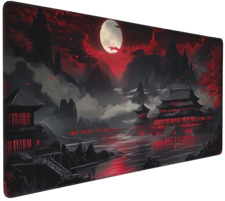 Japanese Mouse Pad Large Riverside Full Moon Desk Mat Black Red Mouse Pad Gaming 35.4x15.7 Long Keyboard Pad Mouse Mat with Stitched Edges Non-Slip Base Computer Pc Desk Pad for Office Work Home