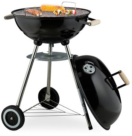 Relaxdays Barbecue a Sfera con Coperchio Rotondo, Ø 44 cm, Grill a Carbonella da Esterno, 2 Ruote, Raccoglicenere, Nero, Plastica, Inox, Acciaio