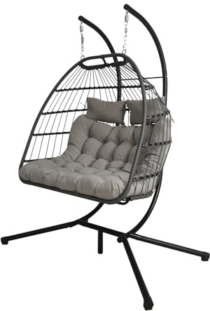 Egg Chair Garden Swing Double Seat Rattan Foldable Hanging Hammock with Cushions Stand UV Resistant Outdoor Indoor Furniture (Light Grey)