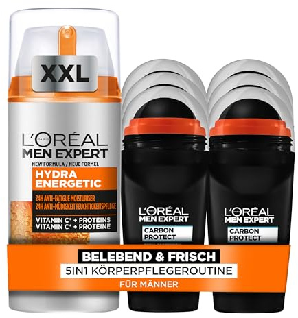 L'Oréal Men Expert Pflegeset für Männer, Mit XXL Gesichtscreme und 6x Deoroller, Set für Herren mit Gesichtspflege und Deo Roll-On Antitranspirant, Hydra Energy, Carbon Protect, 7-teilig