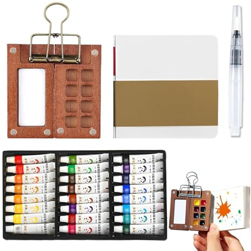 Set de acuarela portátil de bolsillo para viajes (pintura, bolígrafo + libro + 24 colores), 8 cuadrículas mini acuarelas para artistas, mini acuarelas para artistas y principiantes