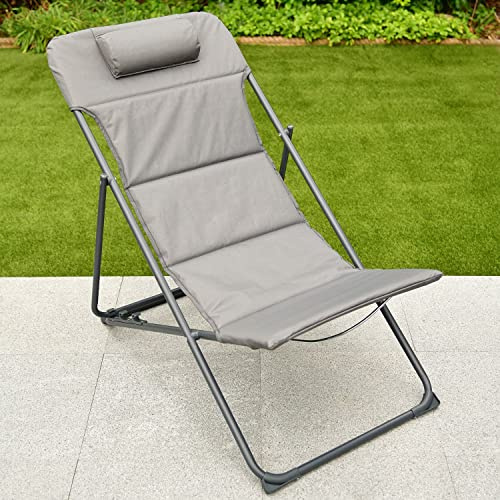 BargainsMania Dakota 3 Position Relaxer Deck Chair With Pillow - Relax In Comfort And Style With This Padded Folding Deck Chair - Dimensions: Upright: W56 X L80 X H90cm - Reclined W56 X L90 X H76cm