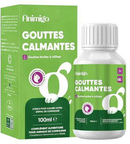 Lugnande medel för katter – 100 ml avslappningsdroppar med zink, L-tryptofan, vitamin B3, B6, D3 och E – Vid fyrverkerier, åskväder, ångest, nervositet – Animigo