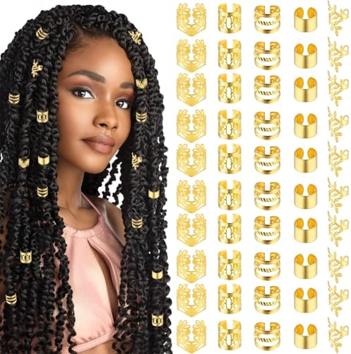 YUVKIN 50 piezas accesorios para dreadlocks, espirales ajustables de metal, anillos para trenzas, cuentas decorativas para el cabello, joyería para trenzas y rastas para mujeres y hombres (Oro)