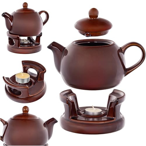 KADAX Teekanne 1L mit Stövchen Set, Kaffeekanne aus Porzellan mit Deckel, Griff und Teestövchen, Kanne mit Teelicht Wärmer für Tee, Teeservice (Braun)