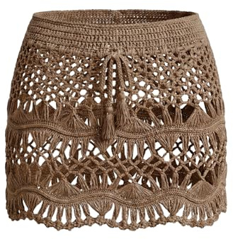 CUPSHE Women Crochet Coverup Skirt Drawstring Knit Mini Skirt Coverup for Swimwear Brown, M