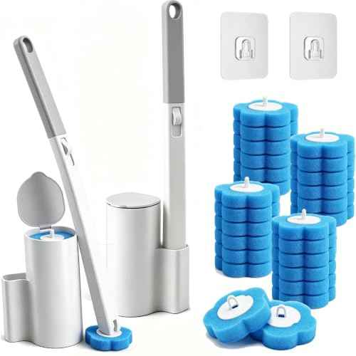 Einweg Toilettenbürste 2er Set, Klobürste Wandmontage mit 24 Stück Schwamm Reiniger Nachfüllungen & 2 Halter, WC Bürste mit Reinigungsmittel für Badezimmer