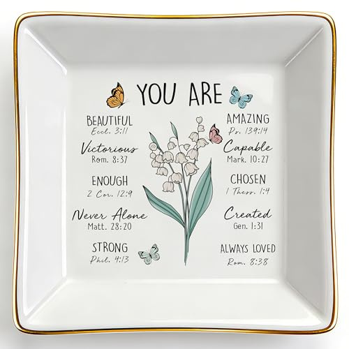 Birthday Christian Gift for Women, You Are Bible Verse Ceramic Trinket Dish | Confirmation Gifts for Girls Women Mum Nana - Mother's Day, Christmas, Baptism, Religious Easter Present - Lily of The Velley