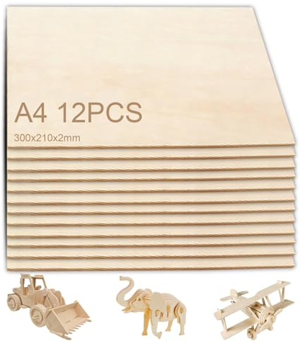 12 Pezzi Compensato A4, 2 mm Legno Compensato di Tiglio, per Artigianato, Fogli di Compensato per Modellismo, Pirografia, Taglio Laser, Decorazione, Pittura, Incisione, Lavori Fai da Te, 30 x 21 cm