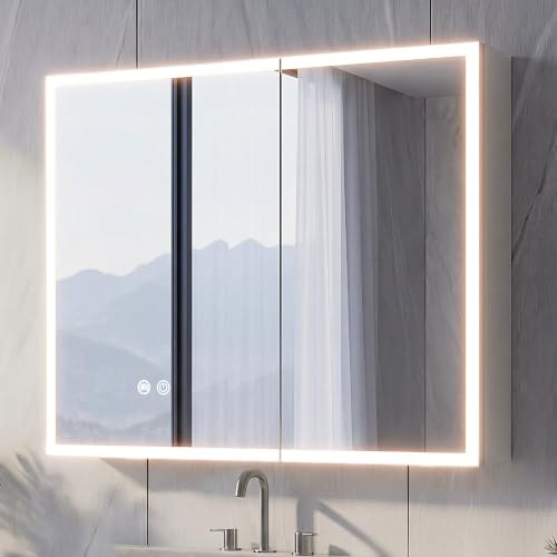 NeoArt Spiegelschrank Bad mit Beleuchtung und Steckdose 60x60x14cm Weiß