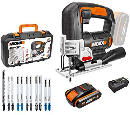 WORX 18V(20V MAX) Akku Stichsäge WX543.2, PowerShare, 2,0Ah, 45°Schnittwinkel, 4-Wege Pendelsystem, 0-2600 / min, Staubgebläse, LED-Licht, Pendelhubstichsäge, 18V
