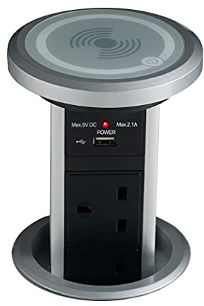 Leyton Lighting POW-6M Motorised Pop-up Socket Power Port, QI & USB Charger, Silver