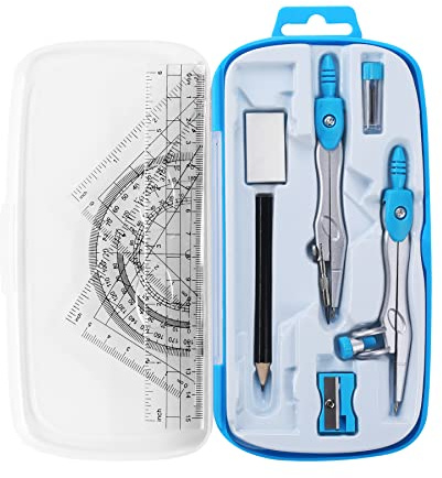 Unjoo Math Geometry Kit Sets 10 Piece Student Supplies with Shatterproof Storage Box,Includes Rulers,Protractor,Compass,Eraser,Pencil Sharpener,Lead Refills,Pencil,for Drafting and Drawings（Blue）