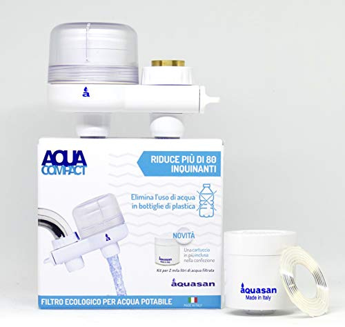 AQUASAN Aquacompact Nuevo Kit 2000 Litros - Filtro de grifo antical con 2 cartuchos, purificador de agua potable del grifo, reduce microplásticos elimina el sabor del olor (blanco)