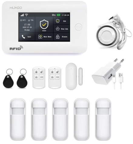 HUXGO, HXA006, sistema di allarme wireless WiFi + GSM 4G con 5 sensori di movimento, per casa, ufficio, appartamento, garage, applicazione TUYA Smart, controllo del telefono, SMS, lingua italiana