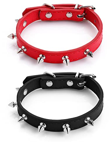 Cobee Spiked Cat Dog Collar, 2 Pieces PU Leather Soft Dog Collar Adjustable Rivet Puppy Collar Studded Cat Collar with Spikes for Boy Girl Cats Puppy S Size
