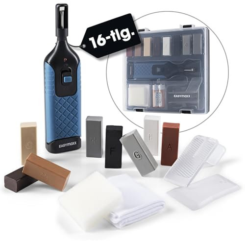 EASYmaxx Reparatur-Set Fliesen & Steinböden 16tlg. | Bodenreparaturset inkl. Wachsschmelzer, für Steingut, Blumentöpfe und andere Oberflächen aus Keramik geeignet | Ideal zum Ausbessern [inkl. AA]