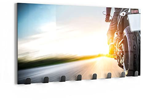 DEQORI Wandgarderobe Glas & Metall | Motiv Motorrad auf Asphalt | 60x30 cm | Design Haken-Leiste modern | Garderoben-Paneel für Flur, Wohnzimmer & Schlafzimmer | magnetisch & beschreibbar