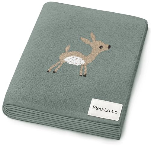 Bleu La La Empfangs Babydecke - 100% Luxuriöse Weichbaumwollstrick Warme Gemütliche Kuscheldecke für Kinderwagen und WiegePuckdecke für Neugeborene Säuglinge und Kleinkinder (Rehkitz - Salbei)