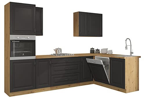 Mirjan24 Mueble de cocina con encimera Retroline I, armario para debajo del fregadero, armario de cocina, armario de cocina (roble Artisan/grafito, con iluminación LED)
