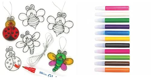 Baker Ross Mini-Suncatcher-Anhänger Insekten - 12 Stück (ET810) und Großpackung mit Sonnenfänger Deko-Stifte - 12 Stück (AT943)