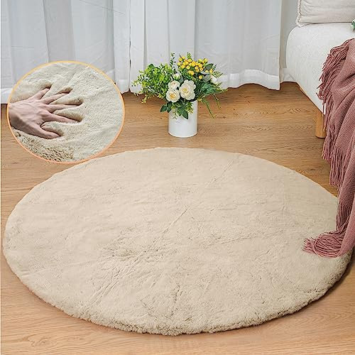 ORINOVA Teppich Beige Rund Flauschig 90 cm Kunstfell Runder Teppich Schlafzimmer Fellteppich Wohnzimmer Kinderzimmer Klein Deko Kuschelig Waschbar