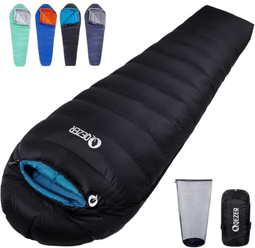 QEZER Sacco a Pelo in Piuma Invernale da Esterno 0~-8℃, 1690g, Leggero e Caldo, 4 Stagioni, con Piumino di Alta Qualità 600+FP, per Campeggio (Black-UK)