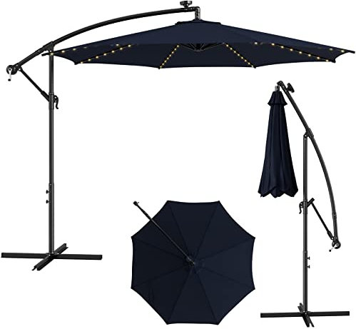 TANGZON 3M Cantilever Garden Parasol, Banana Patio Umbrella with 112 Solar-Powered LED Lights, Tilting Mechanism, Crank Handle & Cross Base, Outdoor Hanging Offset Sun Shade for Market Beach (Navy)