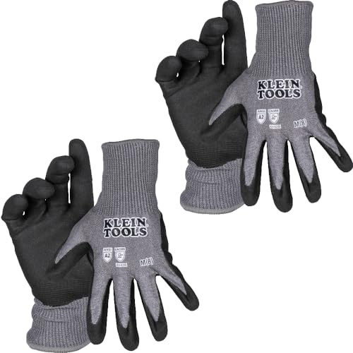 KLEIN TOOLS 60584 Work Gloves, Knit Dipped Cut Resistant ANSI A2 Nitrile Coated Gloves, HPPE Fabric, Touchscreen Capable, Medium, 2-Pair