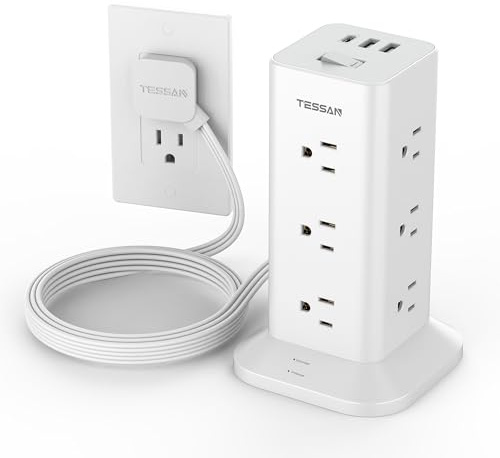 TESSAN Power Strip Tower with Surge Protection, Flat Plug Extension Cord 6 Feet with 12 Multiple Outlets 3 USB Ports (1 USB C), 900J Surge Protector Tower for Home,Supplies for Dorm Room Essentials