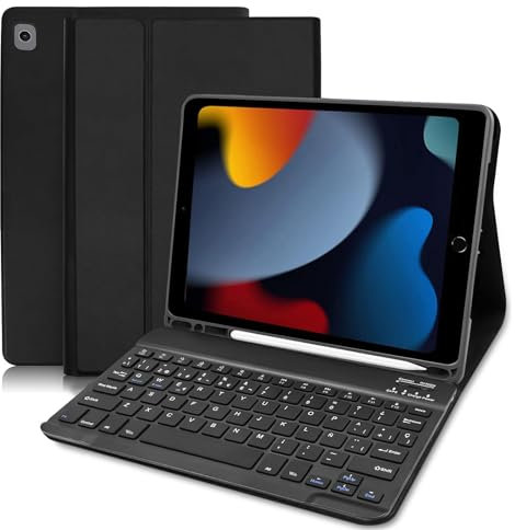 Funda con Teclado iPad 9a generación, Funda Teclado para iPad 10.2 Pulgadas(iPad 9th/ 8th/ 7th), Desmontable Teclado Español Ñ para iPad 9ª Gen / 8ª Gen / 7ª Gen/iPad Air 3/ iPad Pro 10.5, Negro