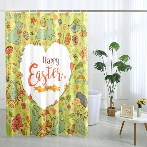 Easter Shower Curtain Cartoon Bunny Bird Eggs Letter Rainbow Love Green Polyester Ornaments Waterproof Decor Thick Grommet Room Indoor Bathroom Dorm Outdoor Short Shower Curtain 62x72 Inch
