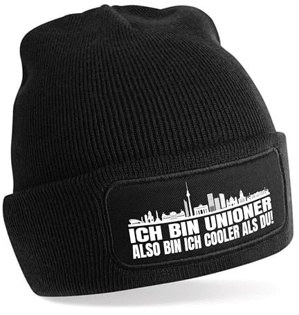 Herzbotschaft Beanie Strickmütze mit Spruch | Ich Bin Unioner Also Bin ich Cooler als du! | Farbwahl | weiche und warme Fußball Mütze für Berlin Fan | Skyline | SoftTouch Einheitsgröße für Erwachsene