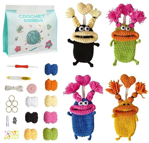 OWYELO Häkelset für Anfänger, 4-in-1 Stricken für Anfänger set Kleine Monster-Schlüsseltasche, Crochet Set mit Schritt Anleitungsvideo DIY Häkelset, Anfänger Strickset für DIY Handwerkskunst