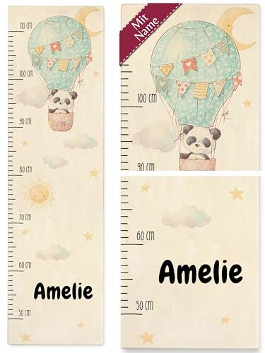 Messlatte Kind Holz - Kindermesslatte Panda in Heißluftballon mit Name I Geschenk für Kinder - 50-110 cm - Holz - pandabär